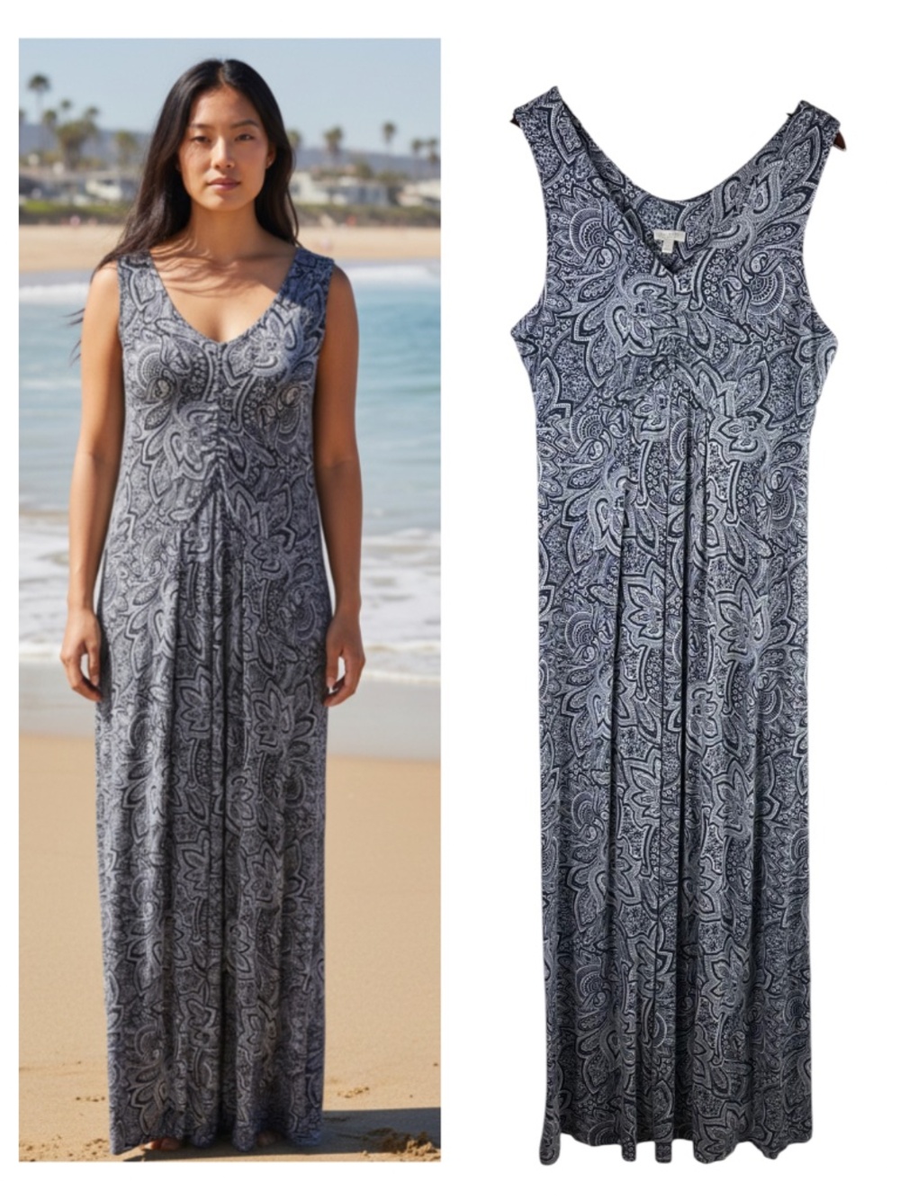 Talbots Maxi Dress Sz Large Petite LP PL Navy Blue White Paisley Slvlss Boho